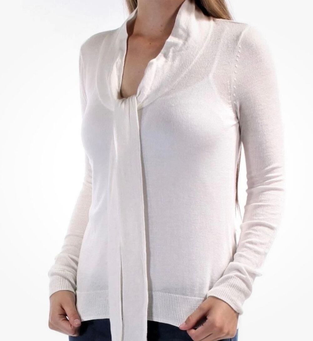 Maison Jules NWT Cream Sweater Sz M Tie Neck Long Sleeves Semi-Sheer Neutral